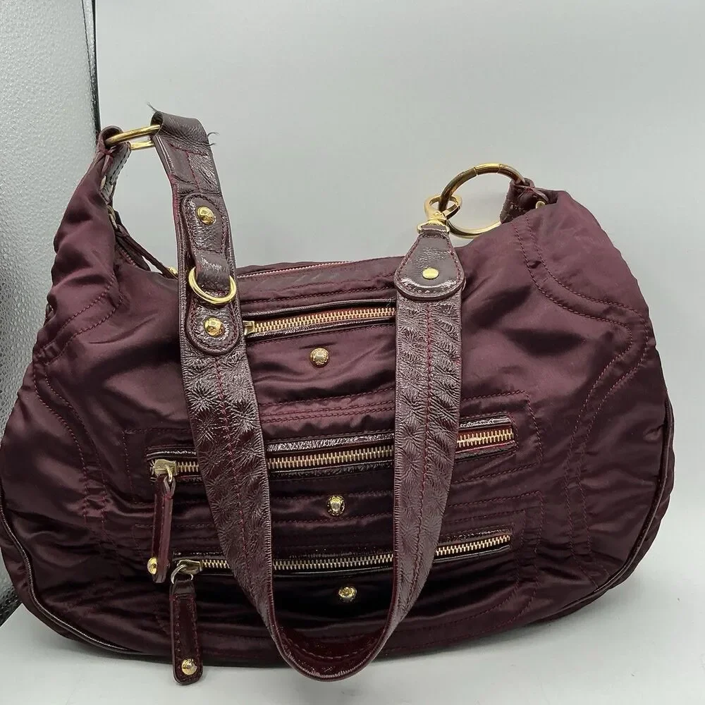 Tod’s Pashmy Burgundy Nylon Patent Leather Hobo Shoulder Bag Gold Hardware